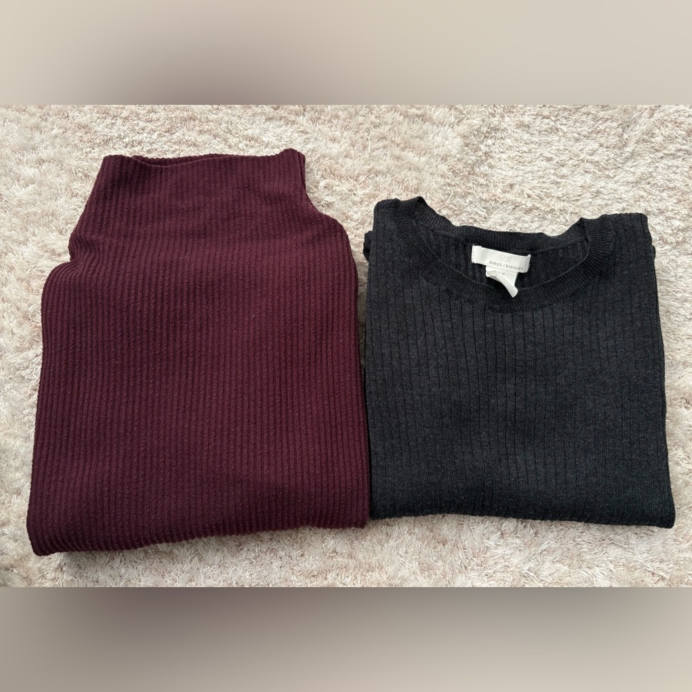 Ribbed Knit Sweater Set - Burgundy and Charcoal